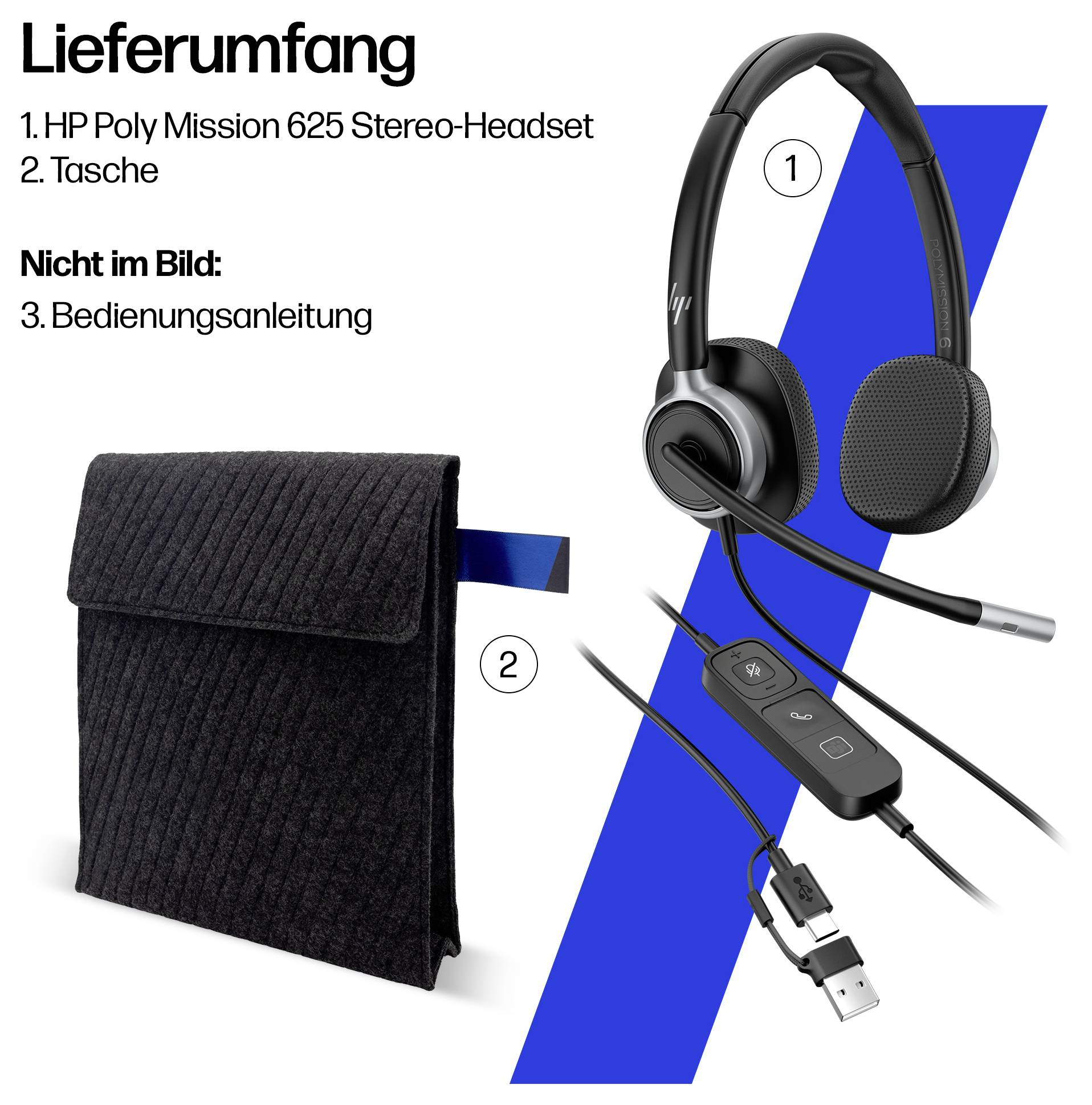 HP Poly Mission 625 USB Wired Headset On Ear Headset Schwarz