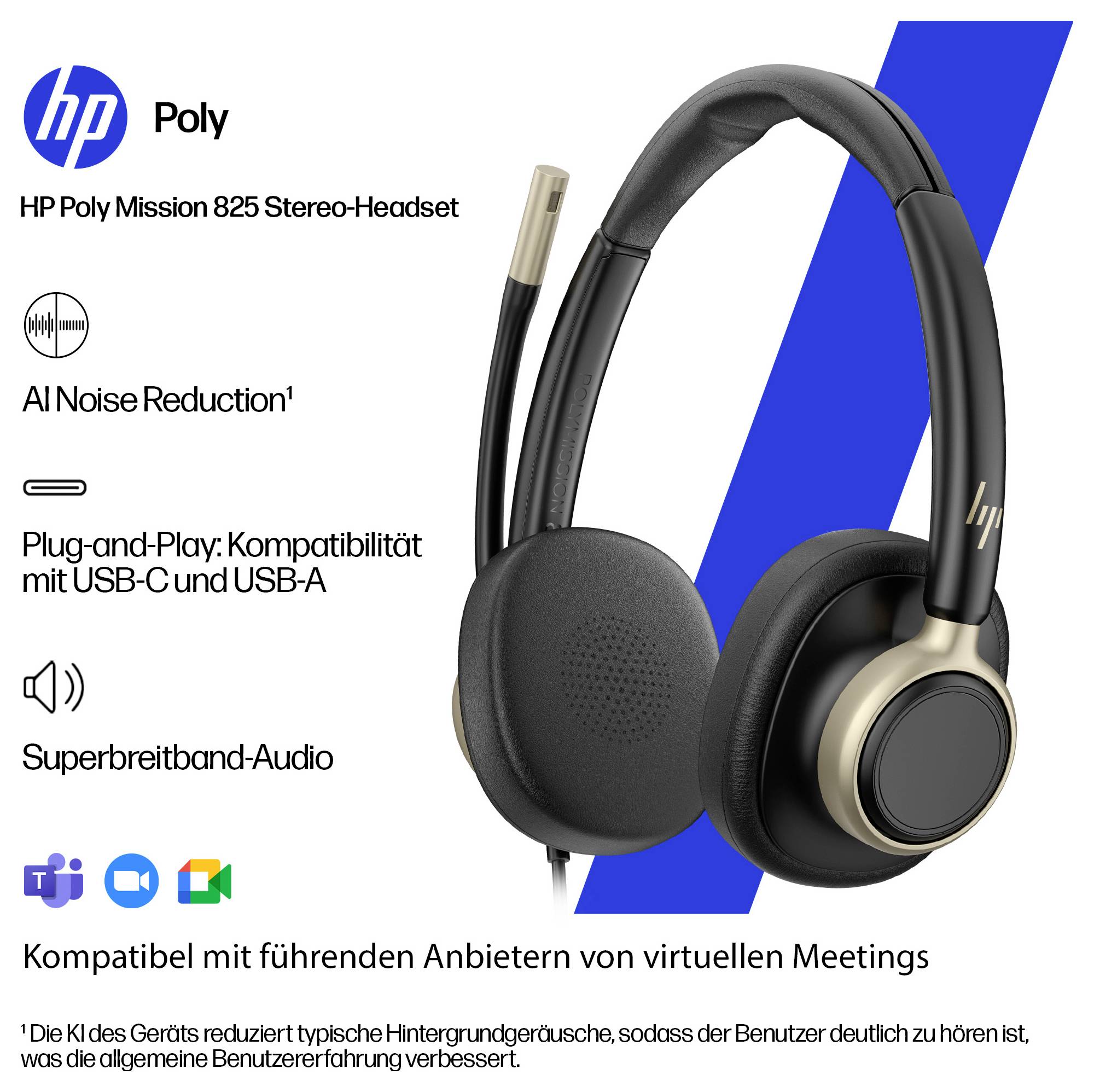 HP Poly Mission 825 USB Wired Headset On Ear Headset Schwarz