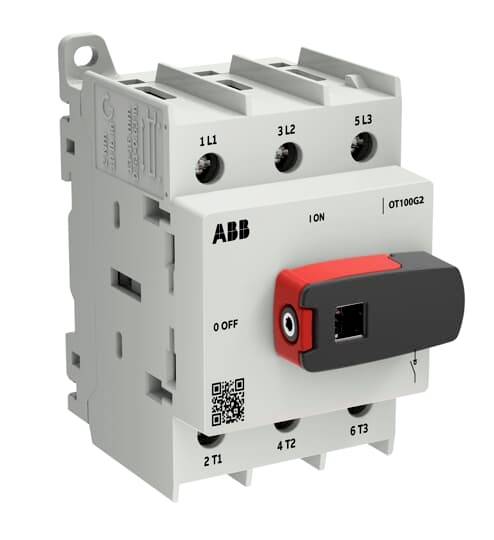 ABB dreipoliger manueller Motorschalter mit rotem und schwarzem Drehgriff, gekennzeichnet mit 1/L1, 3/L2, 5/L3 und 2/T1, 4/T2, 6/T3.