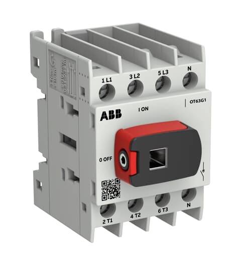 ABB OT63G1 elektrischer Lasttrennschalter mit rot-schwarzem Frontgriff und beschrifteten Anschllussklemmen für Drehstromversorgung.