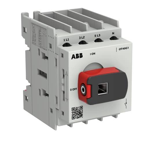 ABB OT40G1 Drehschalter mit rotem und schwarzem Griff, Anschlussklemmen mit den Bezeichnungen 1L1, 3L2, 5L3, N und QR-Code auf einem grauen Modul.