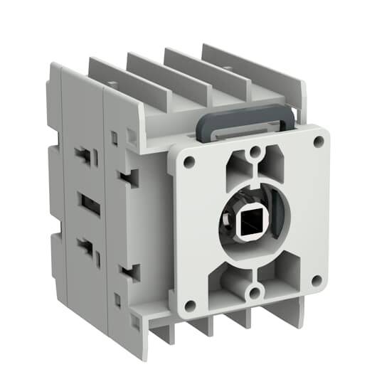 Graues industrielles Elektrosteckverbindermodul mit quadratischer Frontsteckdose und Befestigungsplatte, in 3D auf weißem Hintergrund dargestellt.