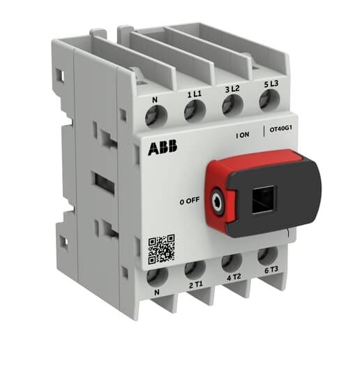 ABB OT40G1 Drehschalter-Lasttrennschalter mit rotem/schwarzem Ein-/Aus-Griff, gekennzeichnete Anschlüsse und QR-Code auf einem grauen elektrischen Gerät.