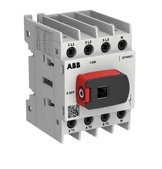 ABB OT40G1 Drehschalter-Trennschalter mit rot-schwarzem Griff und beschrifteten Klemmen auf weißem Hintergrund.