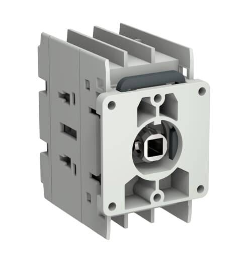 Industrielles elektrisches Anschlussblock oder Steckverbinder mit quadratischer Vordersteckdose und grauem Kunststoffgehäuse auf weißem Hintergrund.