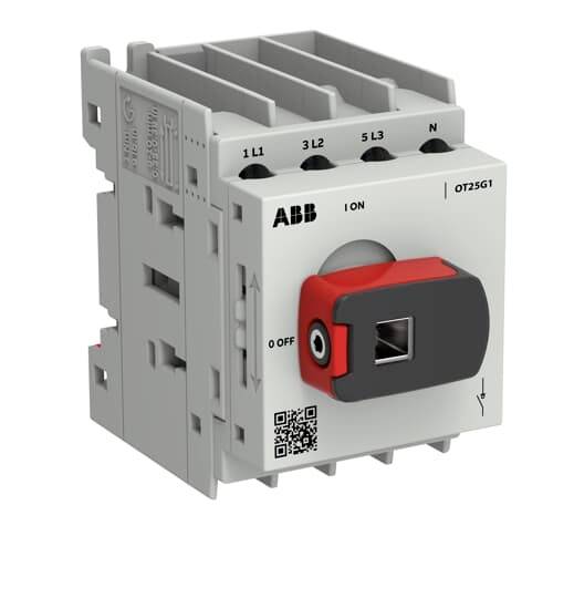 ABB OT25G1 Drehschalter-Trennschalter mit rotem und schwarzem Griff, Anschlussklemmen mit Beschriftung 1L1, 3L2, 5L3, N und QR-Code.