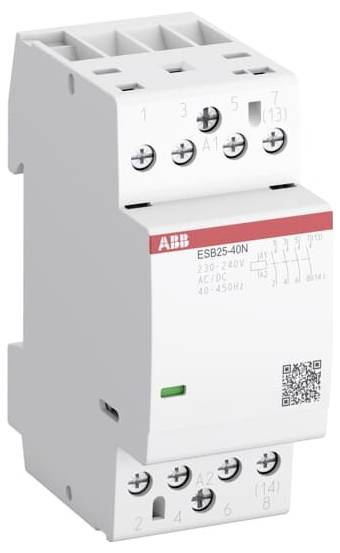 ABB ESB25-40N modularer Schütz mit Schraubklemmen und Frontschild mit Angaben 230-240 V AC/DC, 40 A und QR-Code.