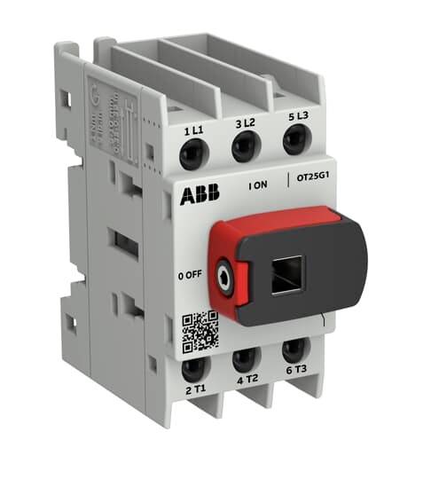 ABB OT25G1 Drehtrennschalter mit rotem und schwarzem EIN/AUS-Hebel und gekennzeichneten Anschlüssen für die elektrische Verdrahtung.