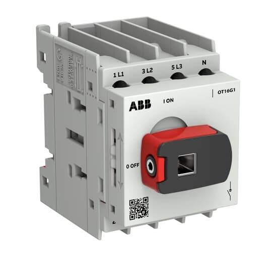 ABB OT16G1 Drehtrennschalter, gezeigt in der EIN-Position mit rotem und schwarzem Griff und Anschlussbezeichnungen auf einem weiß-grauen Gerät.