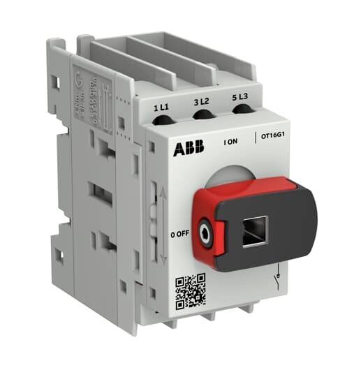 ABB OT16G1 Drehschalter-Trennschalter mit rot-schwarzem Griff, beschriftet mit 1L1, 3L2, 5L3 und EIN/AUS-Positionen.
