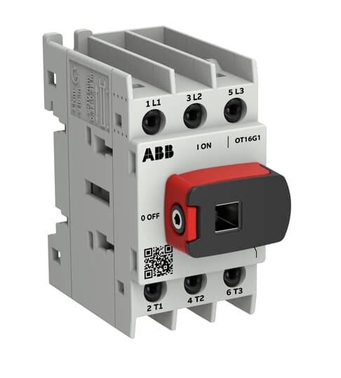 ABB OT16G1 Drehtrennschalter mit schwarzem und rotem Griff, gekennzeichnet mit EIN/AUS und Anschlussmarkierungen