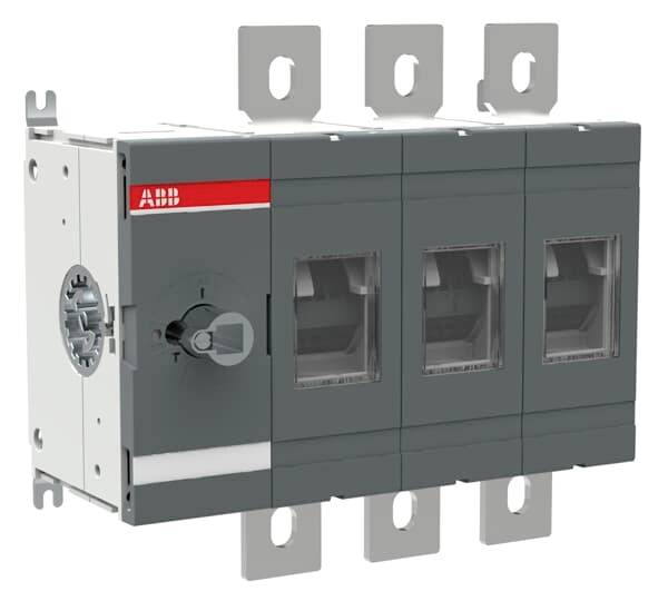 ABB Dreipolschalter oder Leistungsschalter mit sichtbaren Anschlüssen und Bedienknopf auf weißem Hintergrund.