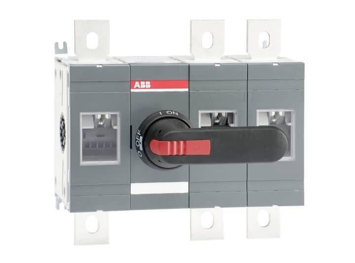 ABB dreipoliger elektrischer Trennschalter mit schwarzem und rotem Drehgriff auf weißem Hintergrund.