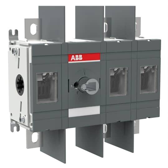 ABB-Elektroschalterkomponente mit drei vorderen Betrachtungsfenstern, einer zentralen Drehsteuerung und Metallmontagehaltern