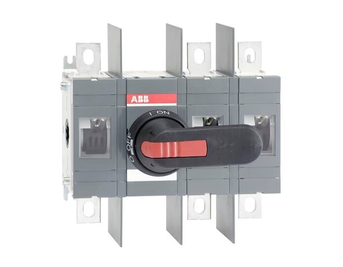ABB dreipoliger Drehtrennschalter mit schwarzem und rotem Griff auf weißem Hintergrund.