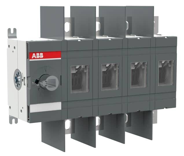 ABB Elektroschalter oder Leistungsschaltermodul mit vier sichtbaren Anschlussöffnungen und grauem Industrialgehäuse.