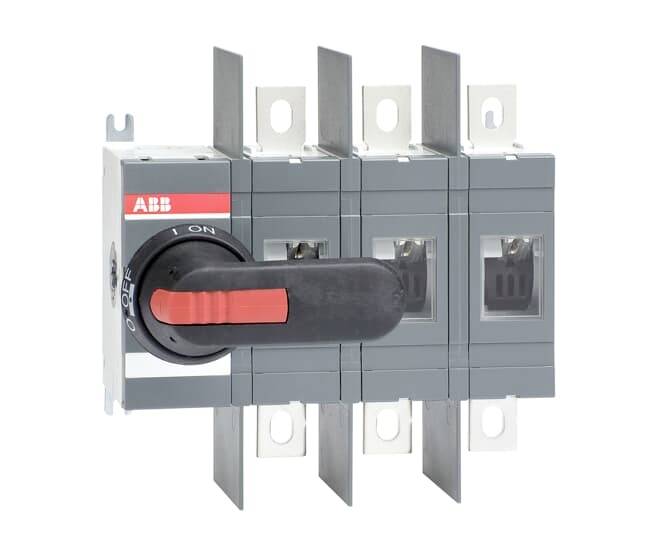 ABB Drehschalter, dreipolig, mit schwarzem Griff und roter Ein-/Ausschalter-Anzeige.