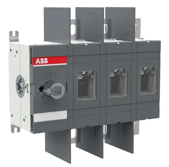 ABB dreipoliger elektrischer Schalter oder Leistungsschalter in grauem Gehäuse, dargestellt in einer produktgestalteten Ansicht mit Montagelaschen und vorderem Bedienknopf.