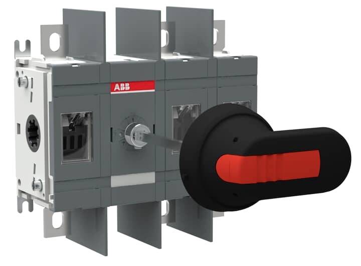 ABB-Drehschalter-Trennschalter mit einem schwarzroten Hebelbetätigung auf einem grauen Industriestromgerät.