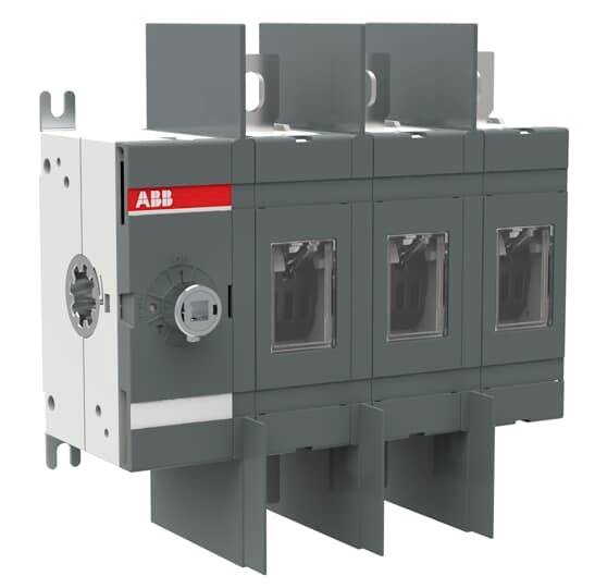 ABB-Elektroschalteranlage mit drei Sichtfenstern und Anschlussklemmen oben, dargestellt in einer 3D-Produktansicht.