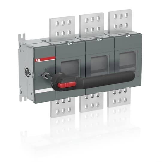 Industrielle elektrische Schaltanlage mit drei Metallsteckklemmen und einem großen schwarzen drehbaren Griff, mit ABB-Kennzeichnung.