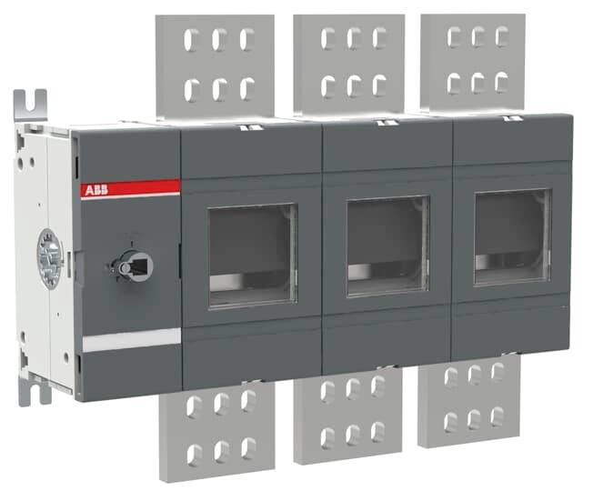 ABB-Schaltanlage mit drei sichtbaren Inspektionsfenstern und Sammelschienenenanschlüssen, dargestellt als graue Industriekomponente.