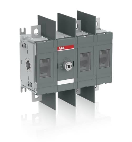 ABB dreipoliger elektrischer Schalter/Trennschalter mit grauem Gehäuse und sichtbaren Anschlüssen auf weißem Hintergrund.