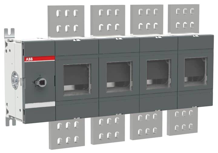 ABB-Stromschienenstecker-Verbindungsmodul mit vier verbundenen grauen Einheiten und Metallmontagelaschen, dargestellt auf weißem Hintergrund