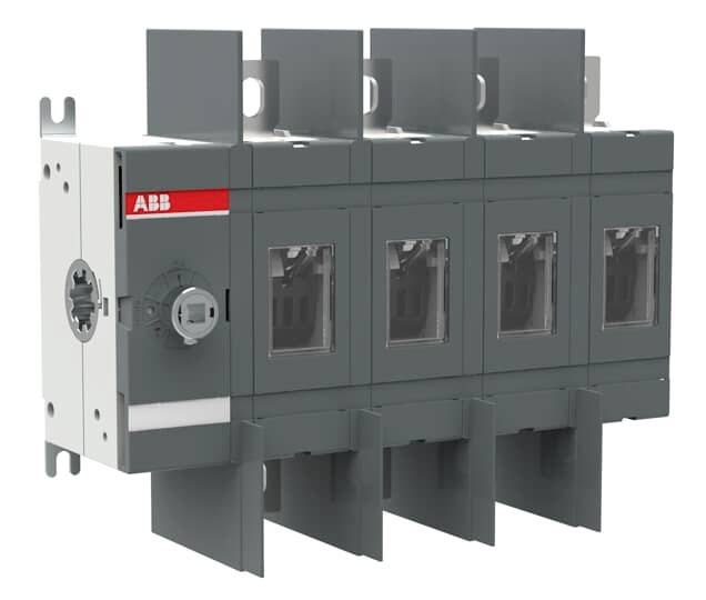 Grauer vierpoliger Schutzschalter oder Schaltmodul von ABB mit Klemmenöffnungen und Befestigungswinkeln, gezeigt auf weißem Hintergrund.