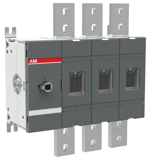 ABB dreipoliger Leistungsschalter mit drei Anschlussklemmen und einem zentralen Drehschalter auf einem grauen Industriegehäuse.