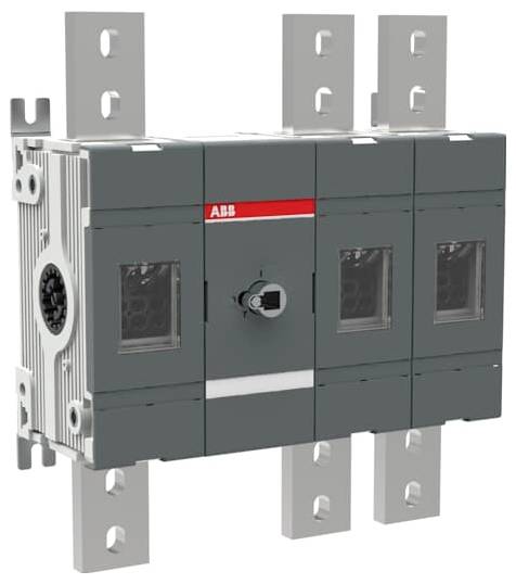 ABB-Elektroschutzschalter mit dreiphasigen Sammelschiene-Anschlüssen und zentralem Drehschalter auf einer grauen Industrieeinheit.