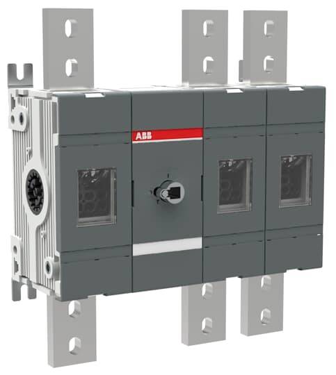 ABB-Stromkreisschutzschalter-Modul mit drei grauen Frontplatten, Montageklammern und zentralem Drehschalter.