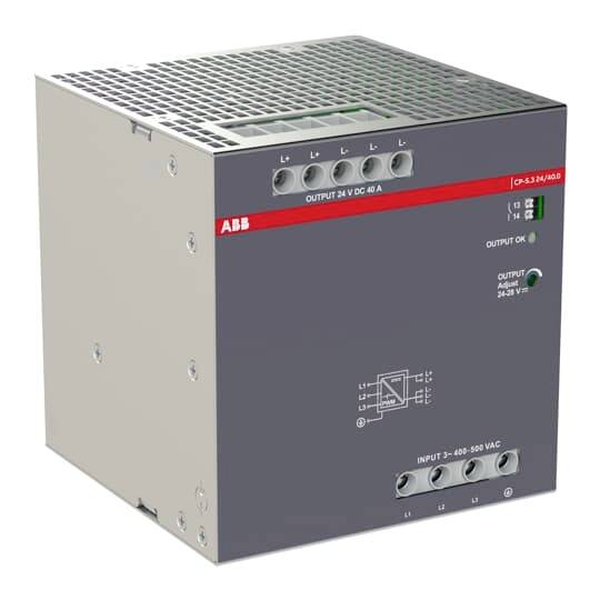 ABB industrielle Stromversorgungseinheit mit Frontklemmen, mit Ausgangsbezeichnung 24 V DC 40 A und Eingang 3-Phasen-Wechselstrom 380-500 VAC.