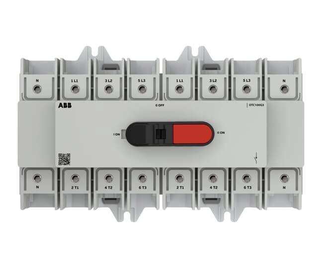 ABB Elektroschalter mit einem roten und schwarzen Ein-/Ausschalthebel, mit beschrifteten Anschlüssen oben und unten.
