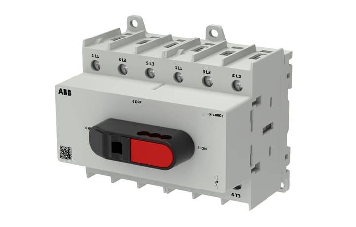 ABB Dreipolschalter-Trennschalter mit rotem ON/OFF-Griff und beschrifteten elektrischen Anschlüssen zur Stromkontrolle
