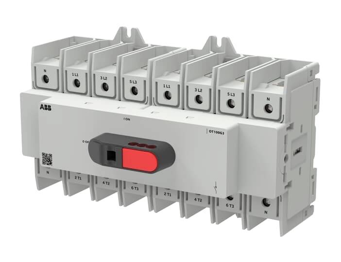 ABB-Elektroschalter/Trenner mit rote Hebelgriff und mehrere Anschlussports, dargestellt auf weißem Hintergrund.