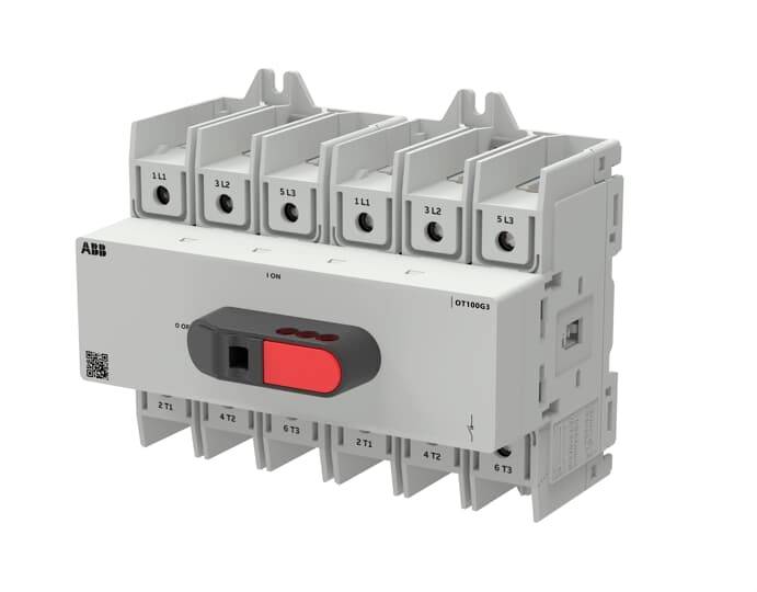 ABB-Elektroschalter mit sechs oberen und sechs unteren Anschlüssen, grauem Gehäuse und einem rot/schwarzen Handbetätigungshebel an der Vorderseite.