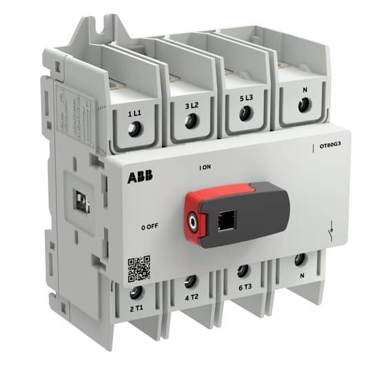 ABB OT63F3 Schalter-Trennschalter mit rotem und schwarzem Griff, mit AN-/AUS-Markierungen und Anschlussbezeichnungen für eine dreiphasige elektrische Verbindung.