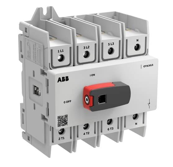 ABB OT63G3 elektrischer Schalter/Trennschalter mit rot-schwarzem EIN/AUS-Griff, zeigt Anschlussbezeichnungen für drei Phasen und Neutral.