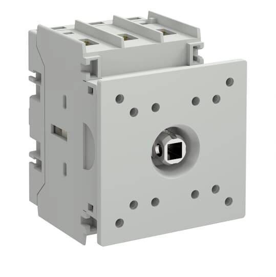 Graues Elektro-Wandschaltermodul mit quadratischer Steckdosenöffnung auf der Vorderseite und Befestigungslöchern, isoliert auf weißem Hintergrund dargestellt