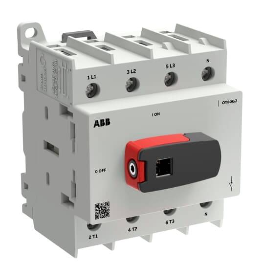 ABB OT80G2 Drehtrennschalter mit rotem und schwarzem Griff, Frontanschlüssen mit den Bezeichnungen L1, L2, L3, N und Anzeige der AUS-Position.