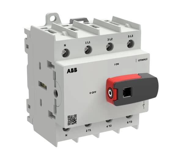 ABB-Elektroschalter mit rotem und schwarzem Drehgriff, beschriftet mit EIN/AUS und Anschlusskennzeichnungen, dargestellt in einer produktstilisierten Ansicht