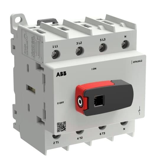 ABB OT63G2 dreipoliger Schalttrenner mit rot-schwarzem Frontgriff, Klemmenbezeichnungen und Ein-/Ausschaltkennzeichnungen