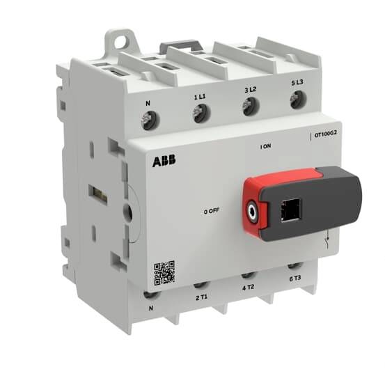 ABB-Elektroschalter/Trenngerät mit Ein-/Aus-Hebel und gekennzeichneten Klemmenverbindungen.
