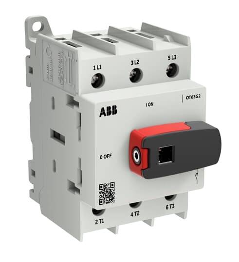ABB OT63G2 Drehschalter mit rotem und schwarzem Griff, beschriftet mit I EIN und O AUS, gezeigt in einem Produktfoto.