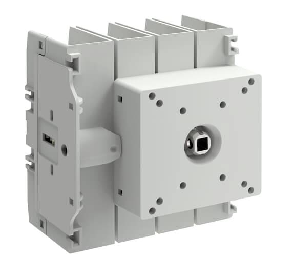 Grauer elektrischer Schalter oder Steuermodul, dargestellt in einer produktgestalteten 3D-Darstellung, mit quadratischer Frontfläche und zentraler Schachtöffnung.