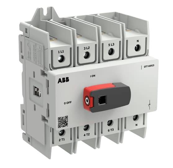 ABB OT160G3 dreipoliger Schalter-Trennschalter mit rot-schwarzem EIN/AUS-Griff und Anschlussklemmen-Beschriftungen für elektrische Verbindungen.