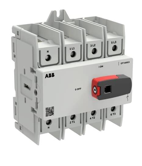 ABB dreipoliger Trennschalter mit grauem Gehäuse und rot-schwarzem Drehgriff, beschriftet mit I EIN und O AUS.