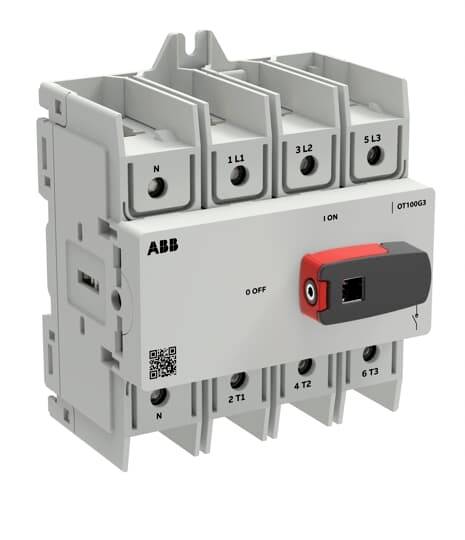 ABB dreipoliger elektrischer Schalter/Trennschalter mit EIN/AUS-Hebel und auf einem grauen Industriegerät sichtbaren Anschlussmarkierungen.