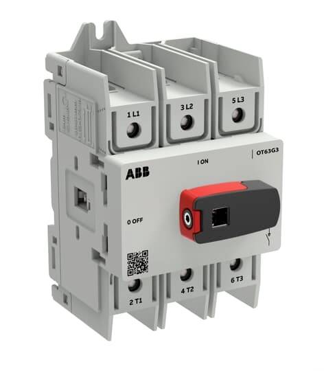 ABB OT63G3 dreipoliger Trennschalter mit rot-schwarzem Drehgriff und Klemmenmarkierungen I, O, OFF.